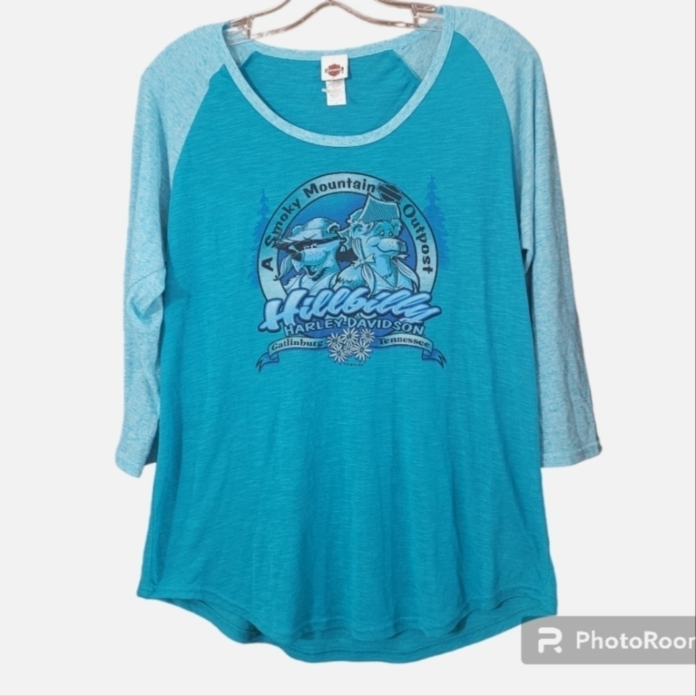 Harley Davidson turquoise blue graphic baseball long sleeve tshirt